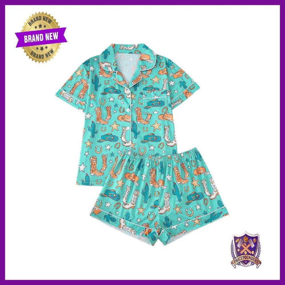 Women's Satin Pajama Set with Boots Print, Pocket, Button Front